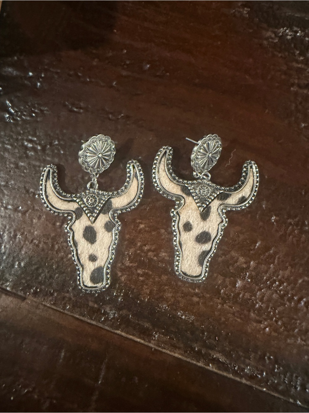 Handcrafted Cow Skull Dangle Earrings in Cream and Black